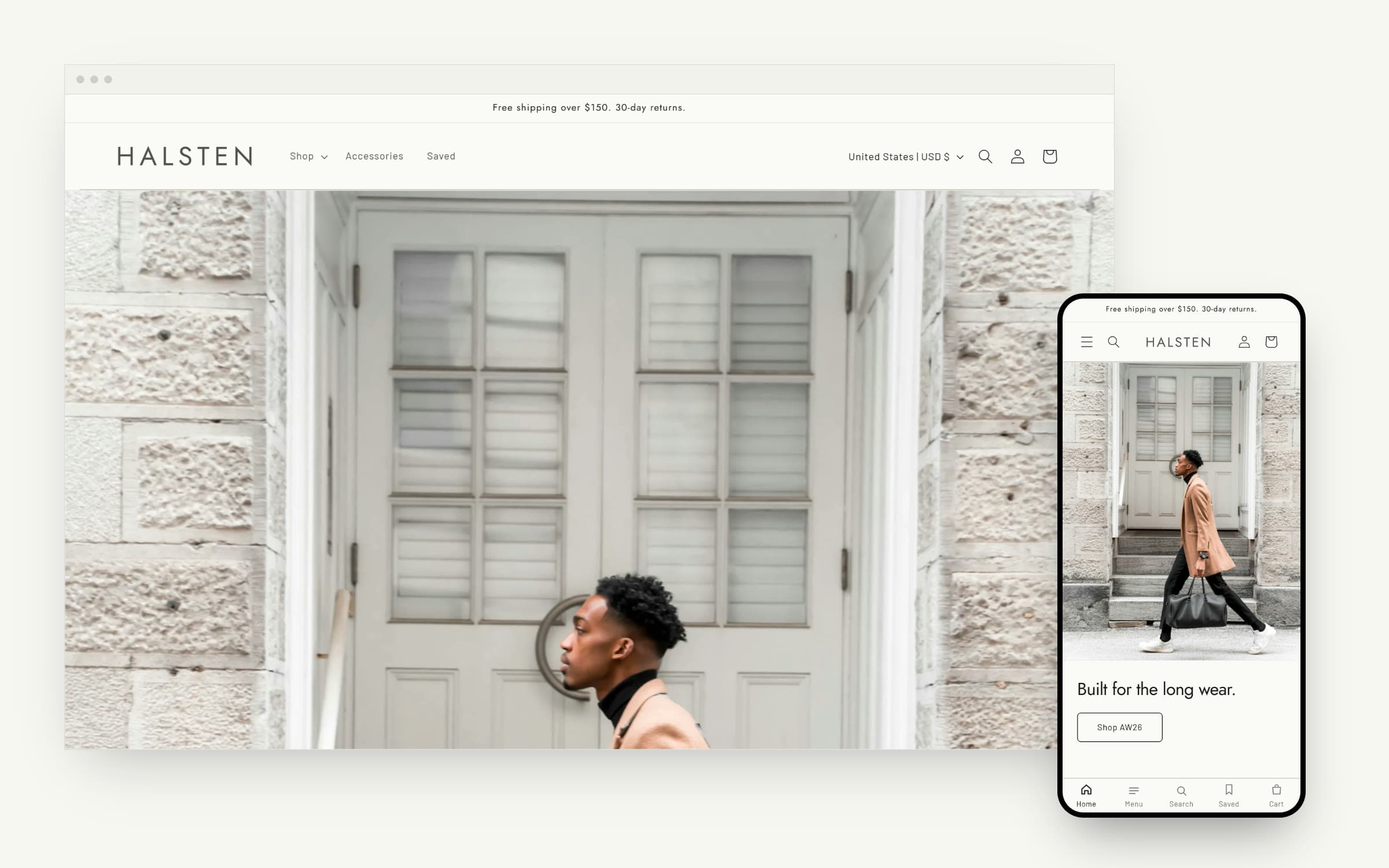 HALSTEN storefront shown on desktop and mobile