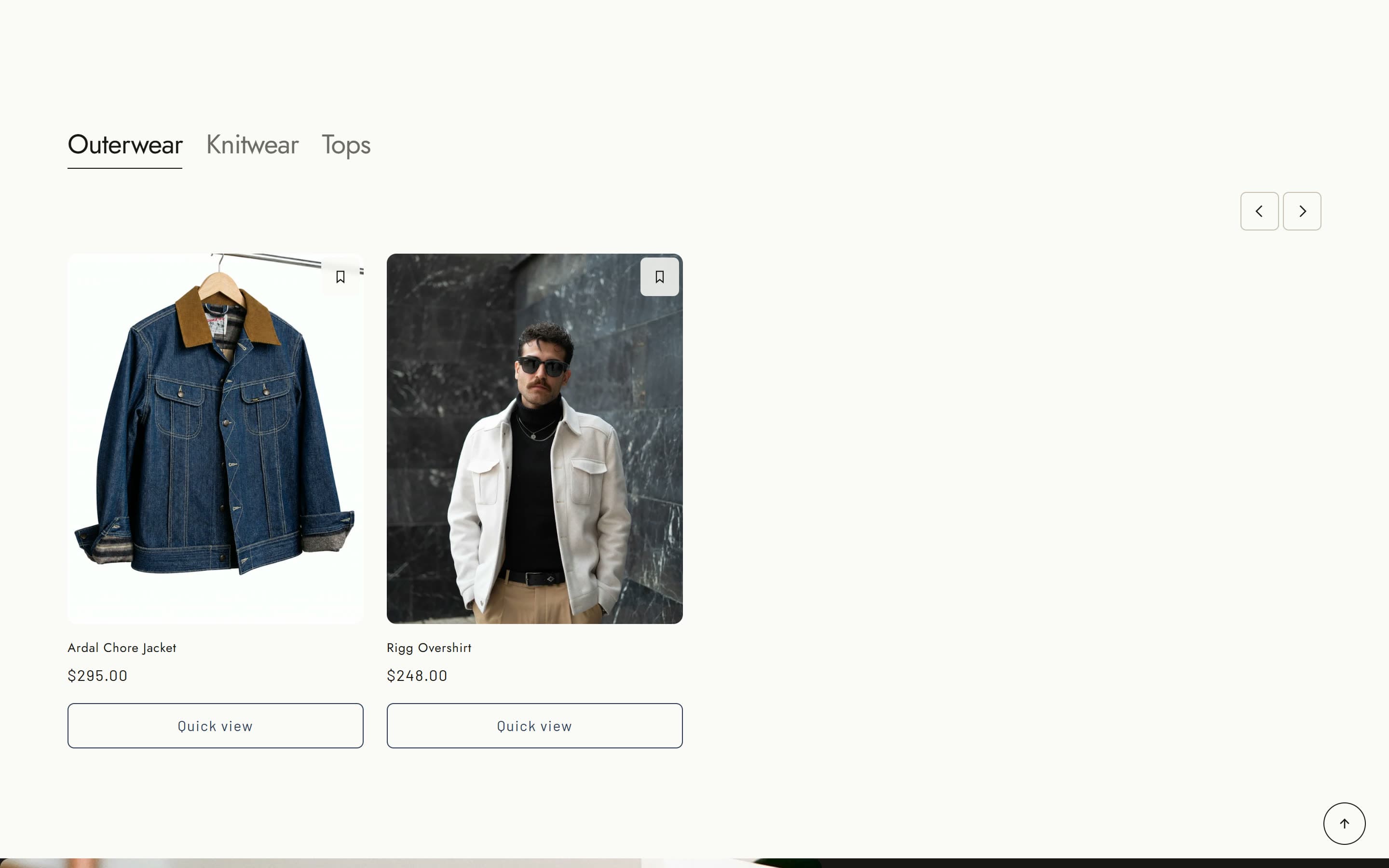 HALSTEN tabbed collection carousel showing outerwear, knitwear and tops
