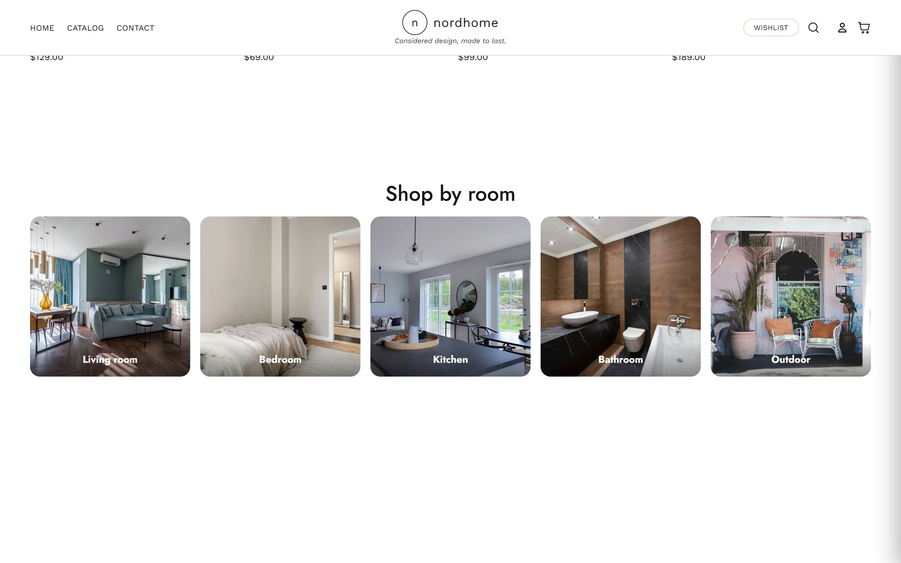 Nordhome shop by room grid covering living room, bedroom, kitchen and outdoor