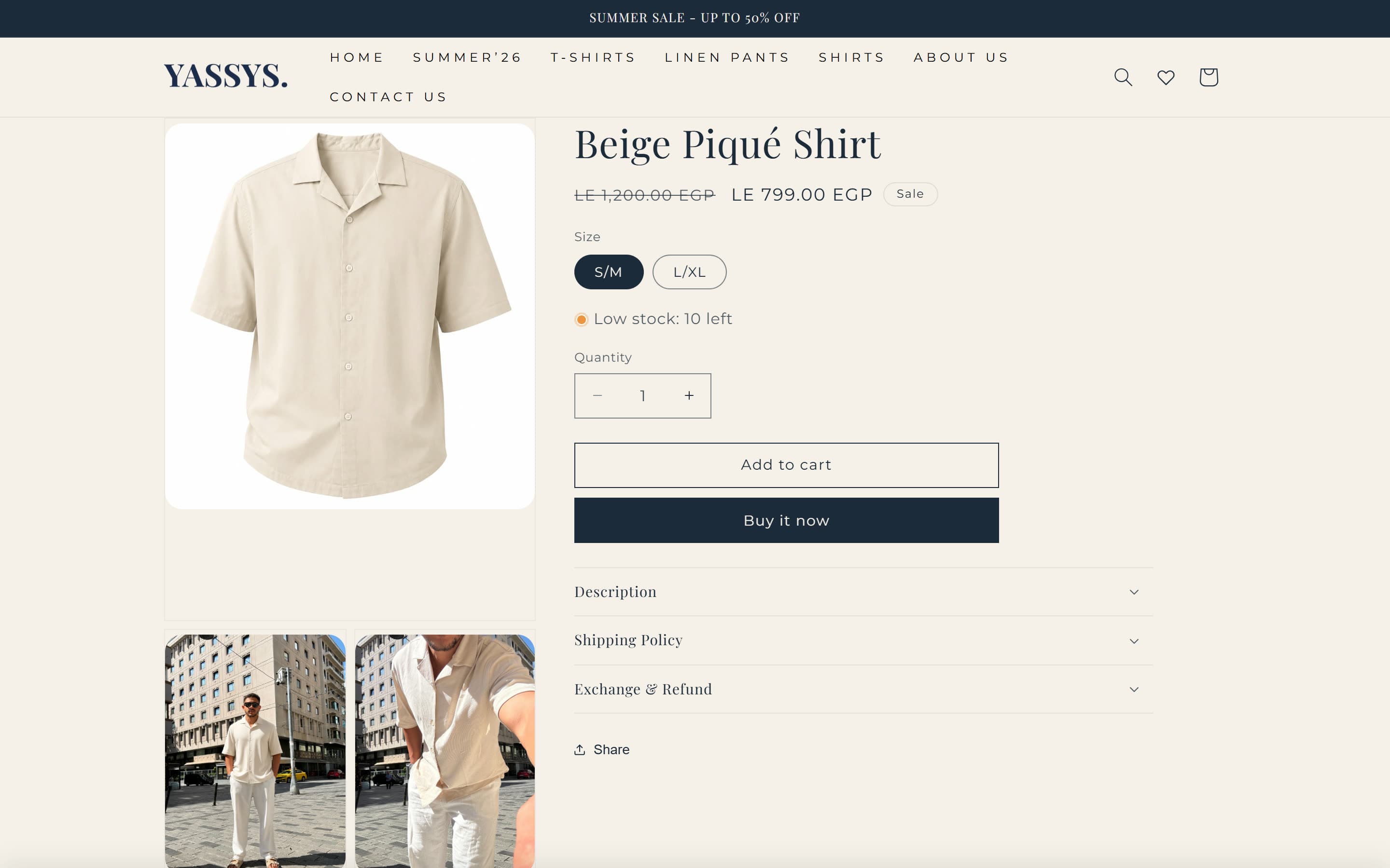 YASSYS product page showing variant options and add to cart